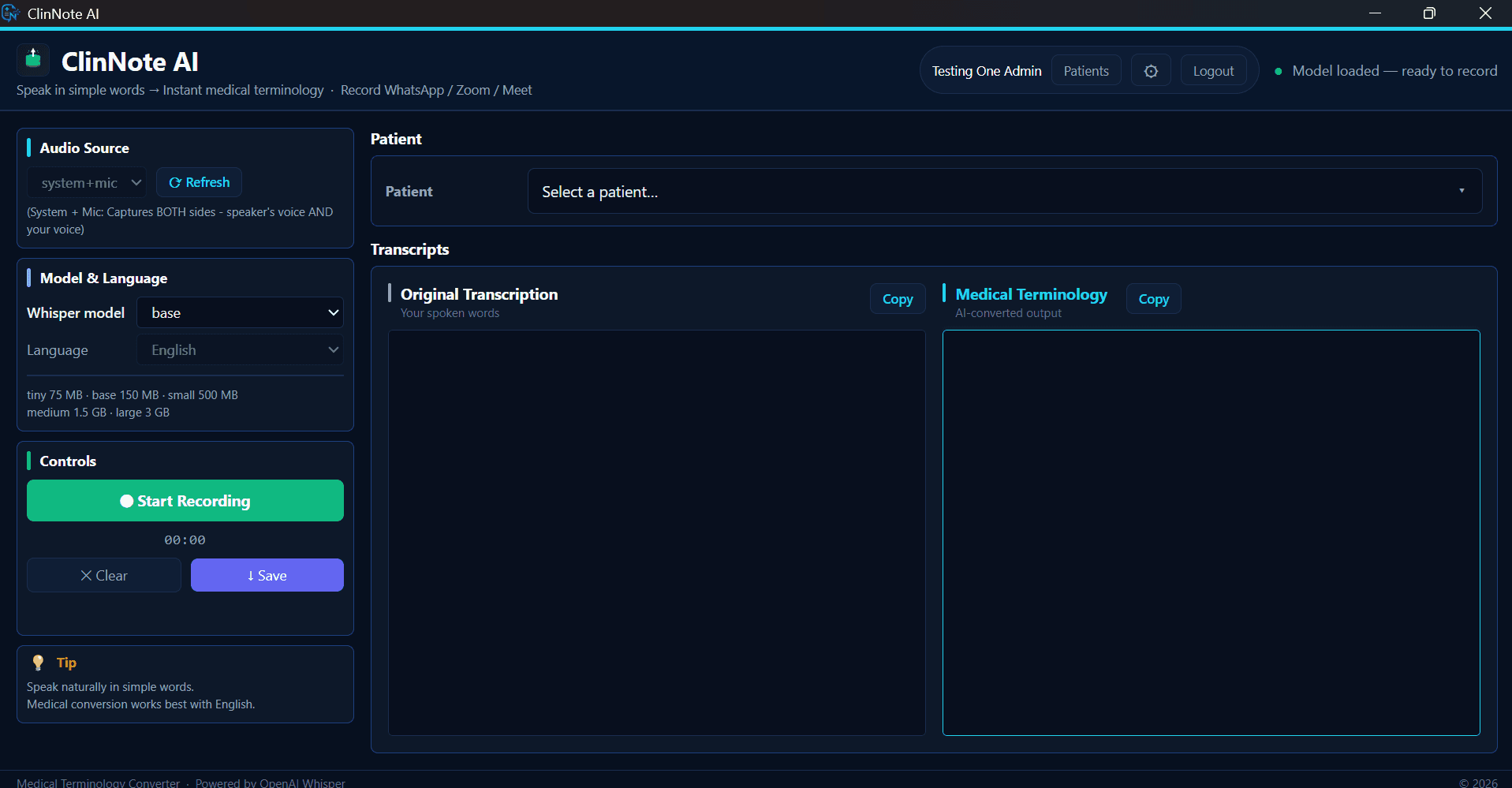 ClinNote AI desktop transcription workspace with Whisper model selector and consultation notes