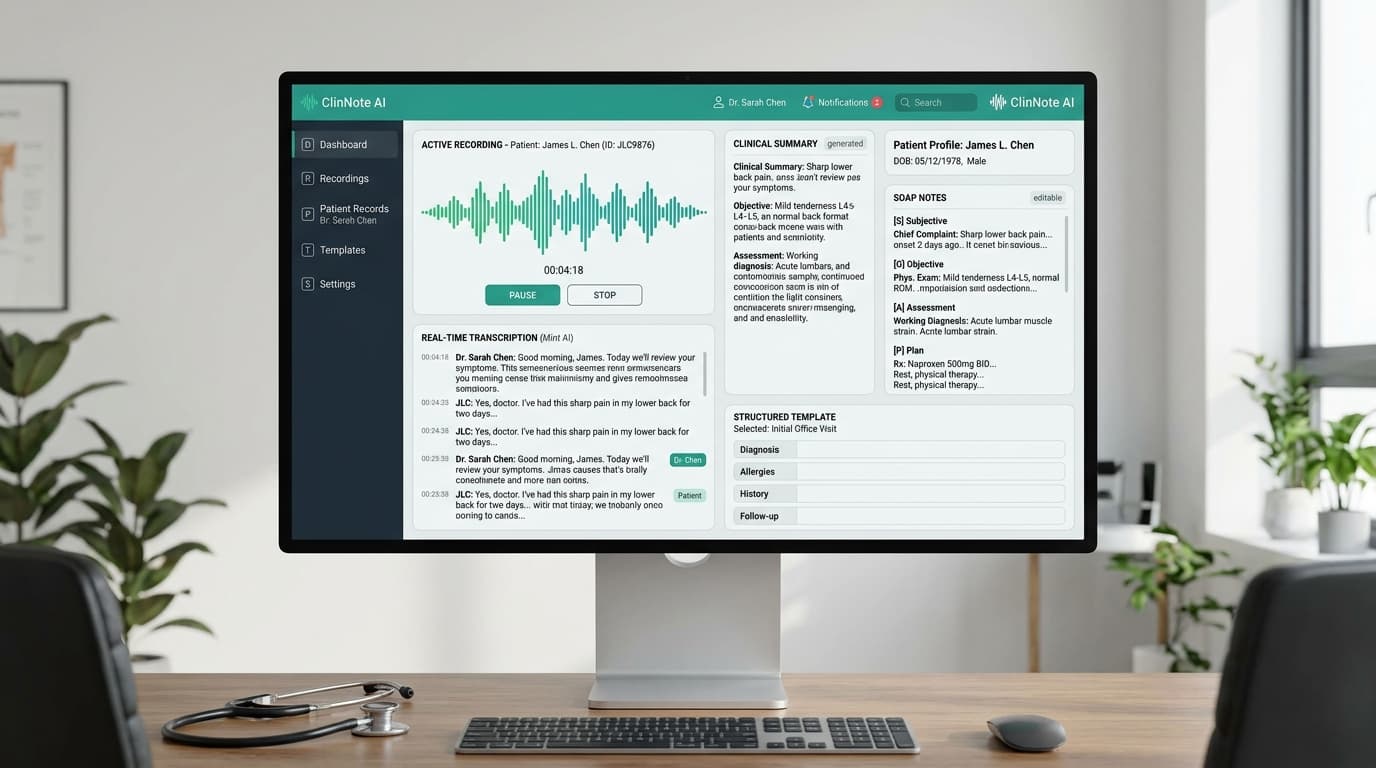 ClinNote AI desktop medical audio waveform and clinical transcription software