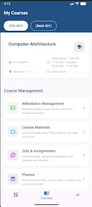 KAIMS My Courses academic view with attendance, course materials, quizzes, and planner modules