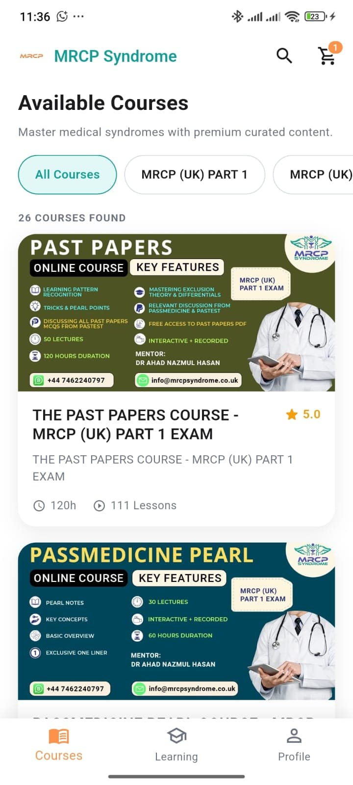 MRCP Syndrome medical course catalog screen with filter tabs, course cards, ratings, and navigation