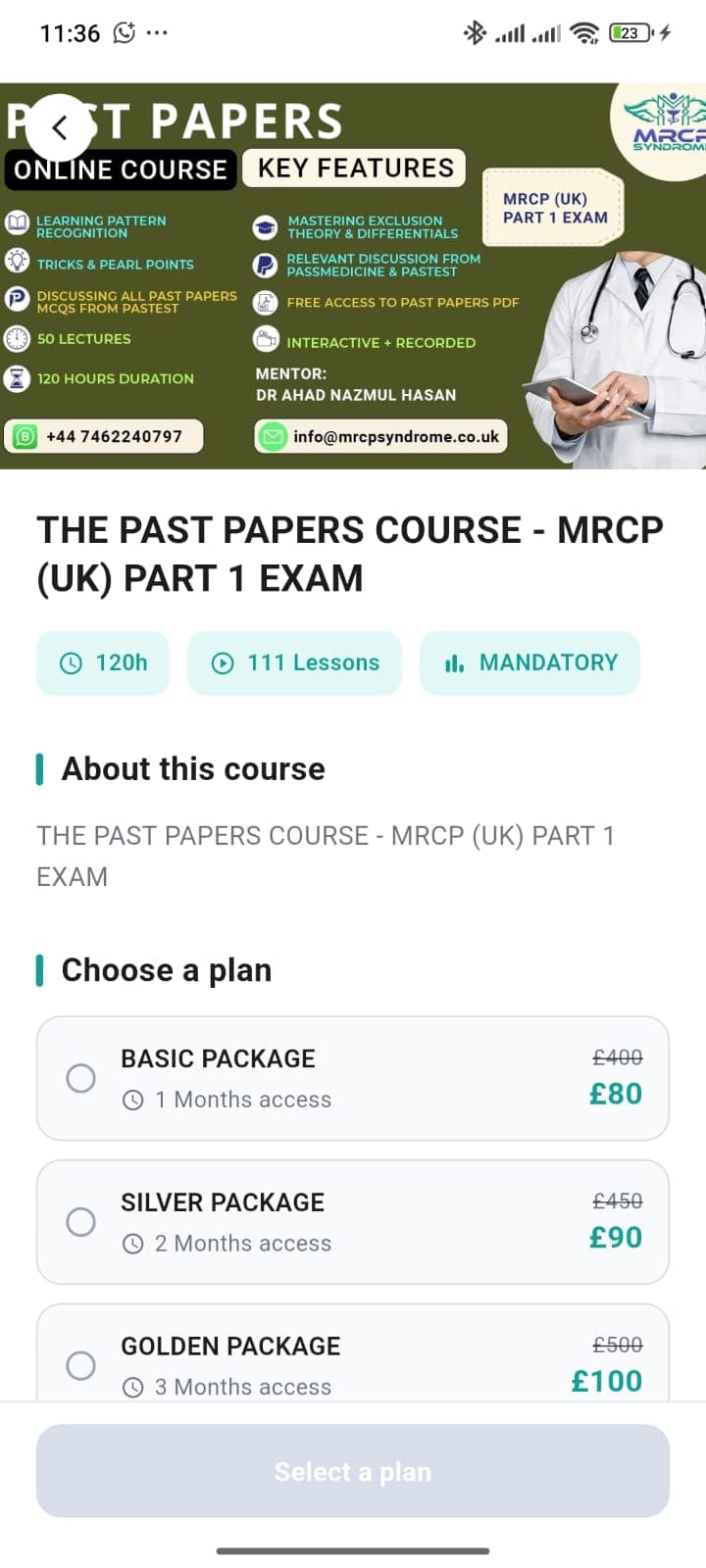 MRCP Syndrome course detail and subscription pricing packages selection screen