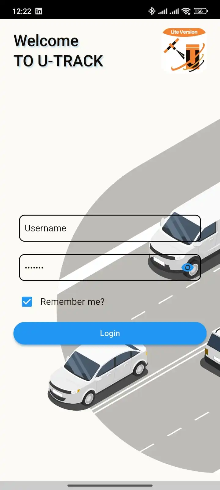 U-Track Lite login screen with server selector and vehicle graphics